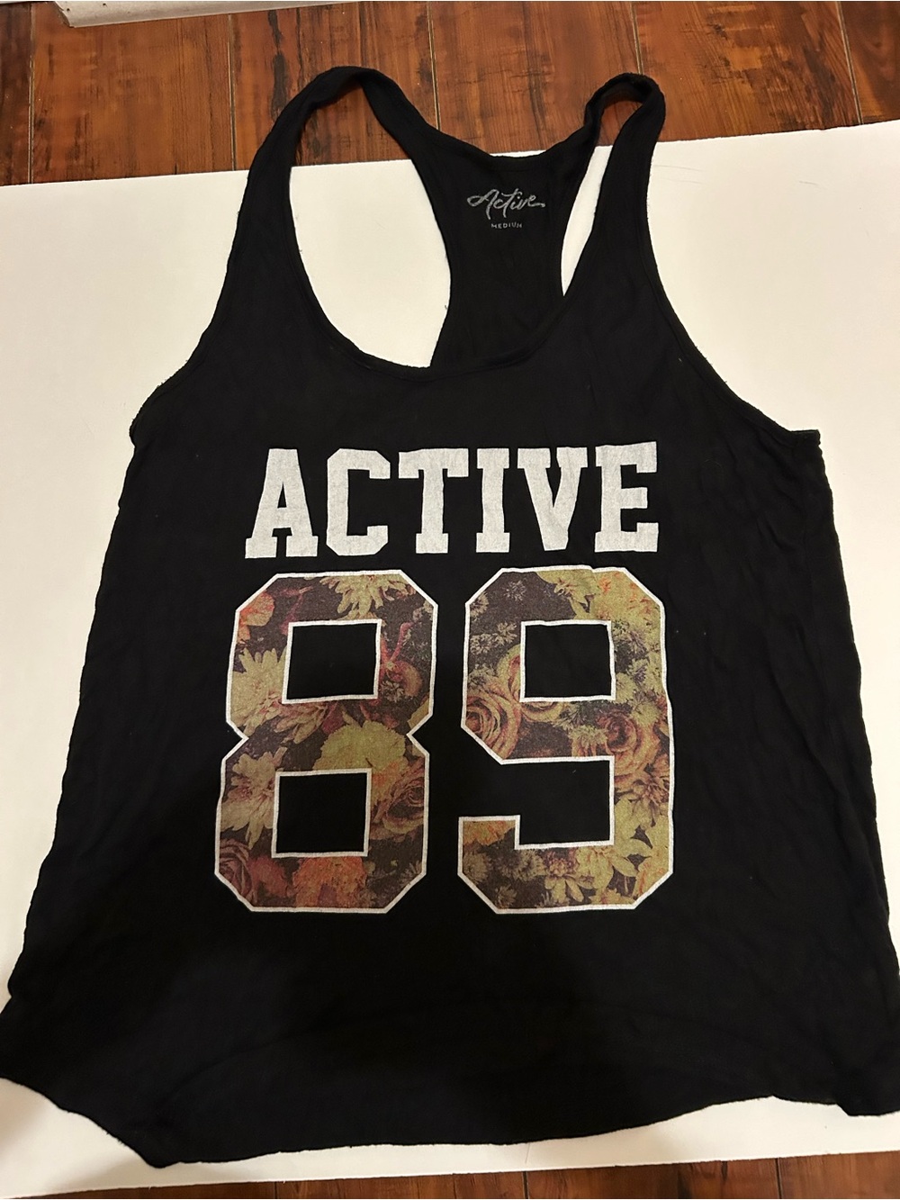 Active Basic Black Racerback Tank with Floral '89' Graphic